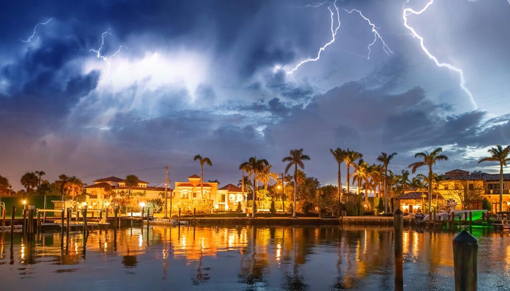 Boca Raton buildings along Lake Boca Raton during a storm, Florida.