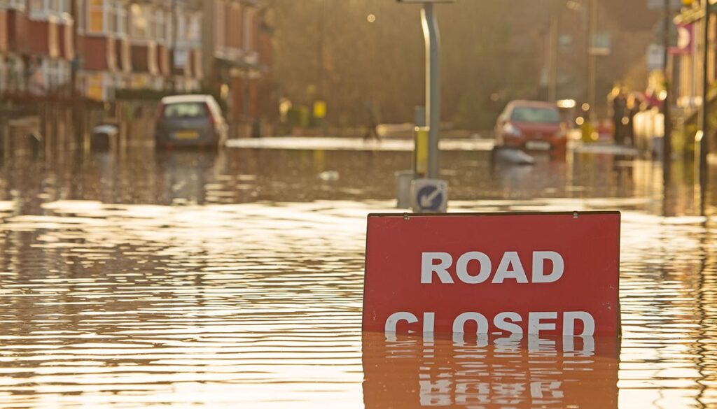 A 'Road Closed' sign partially covered in flood water lit by the evening sun