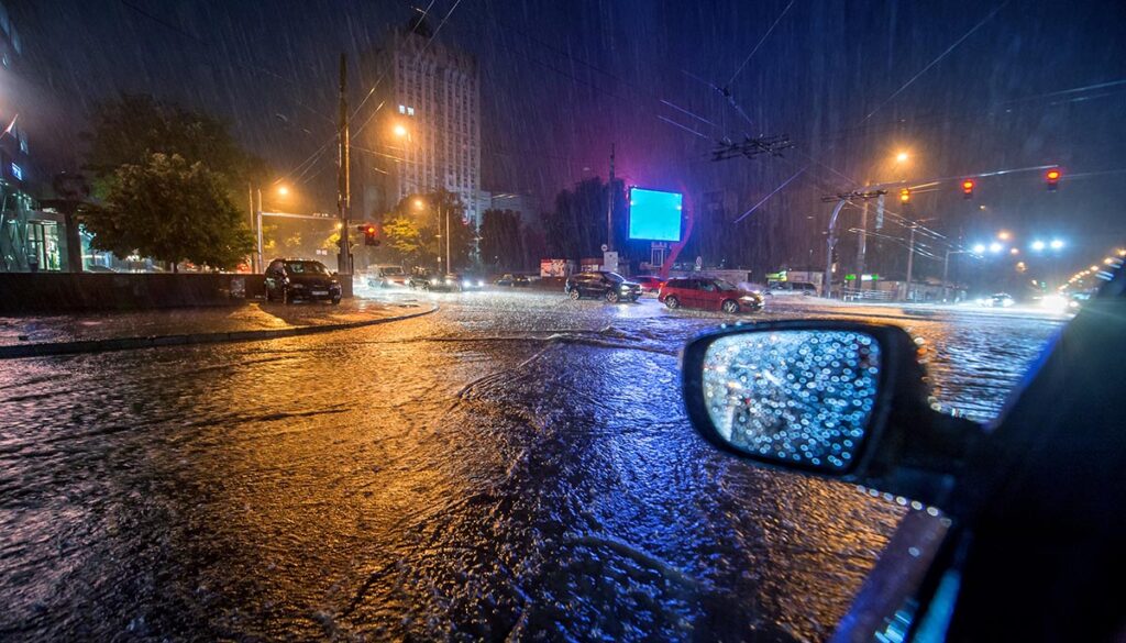 Flood on the road at night