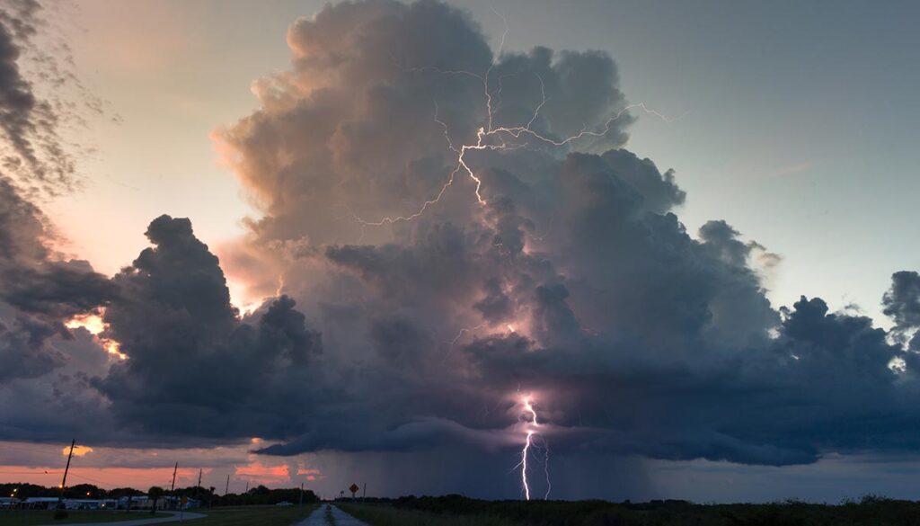 Sunset lightning storm over southern Florida during the peak wet season.