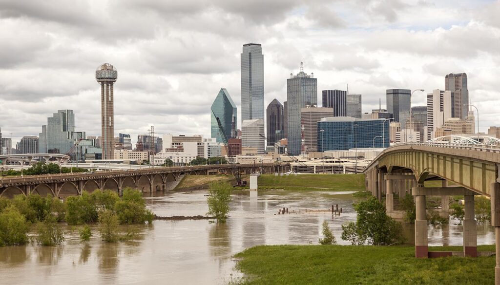 Dallas downtown skyline view with the Trinity River in foreground.Texas, United States