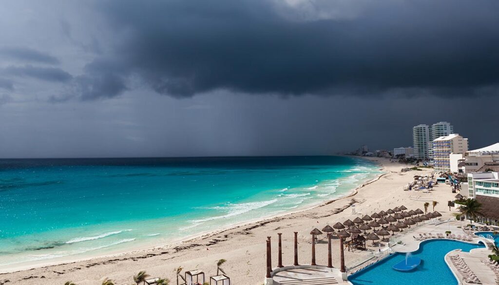 Stormy weather in Cancun, beautiful turquoise sea under dark blue clouds, view from above